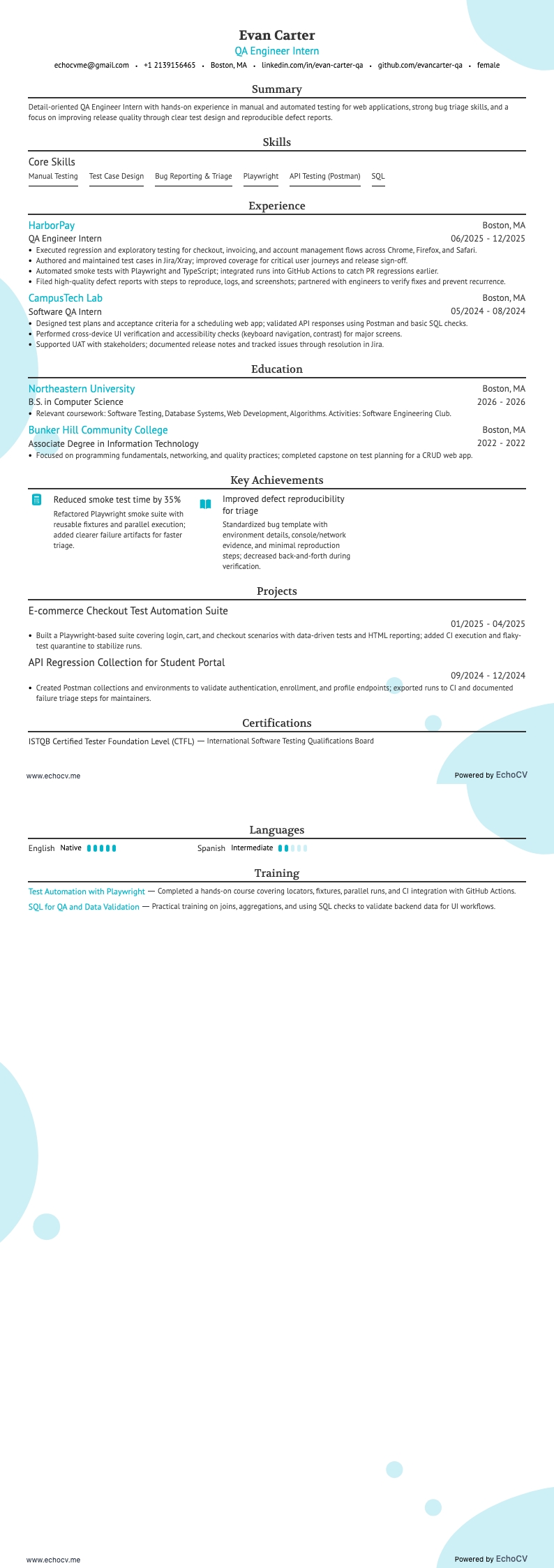 Praktikant als QA-Ingenieur example resume
