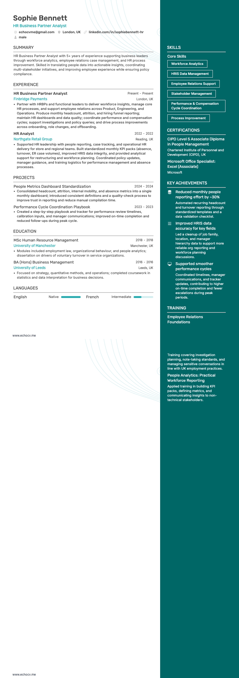 HR Business Partner resume example