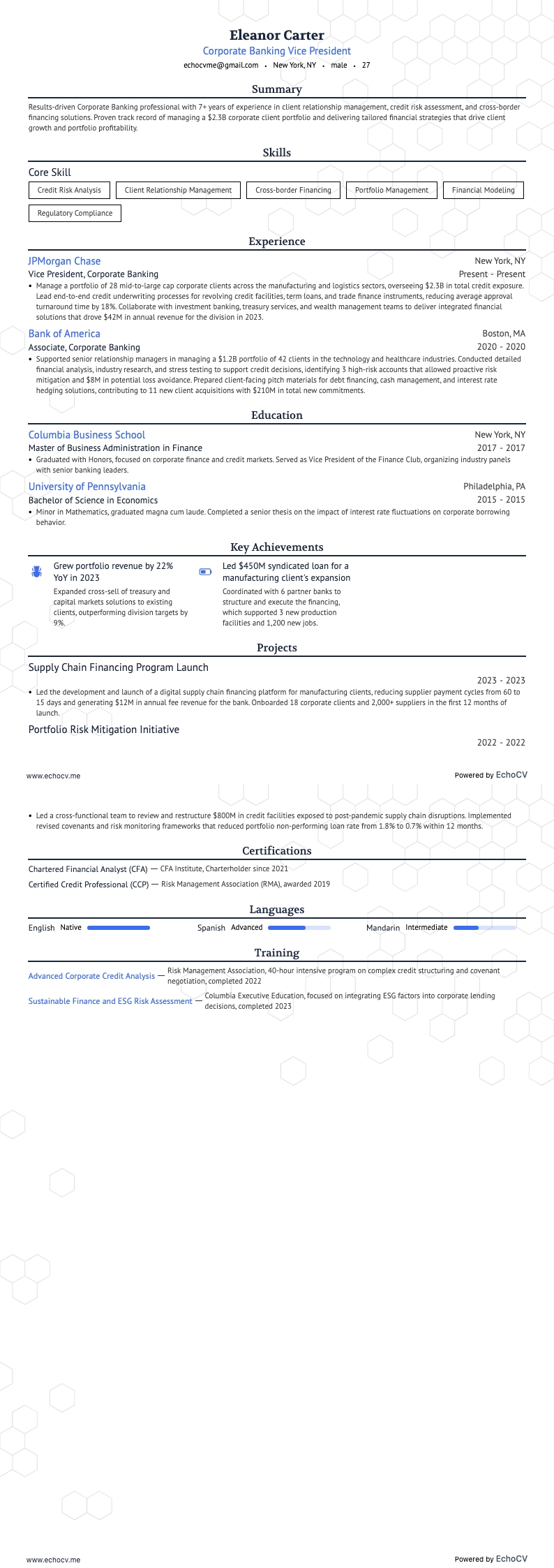 Corporate Banking example resume