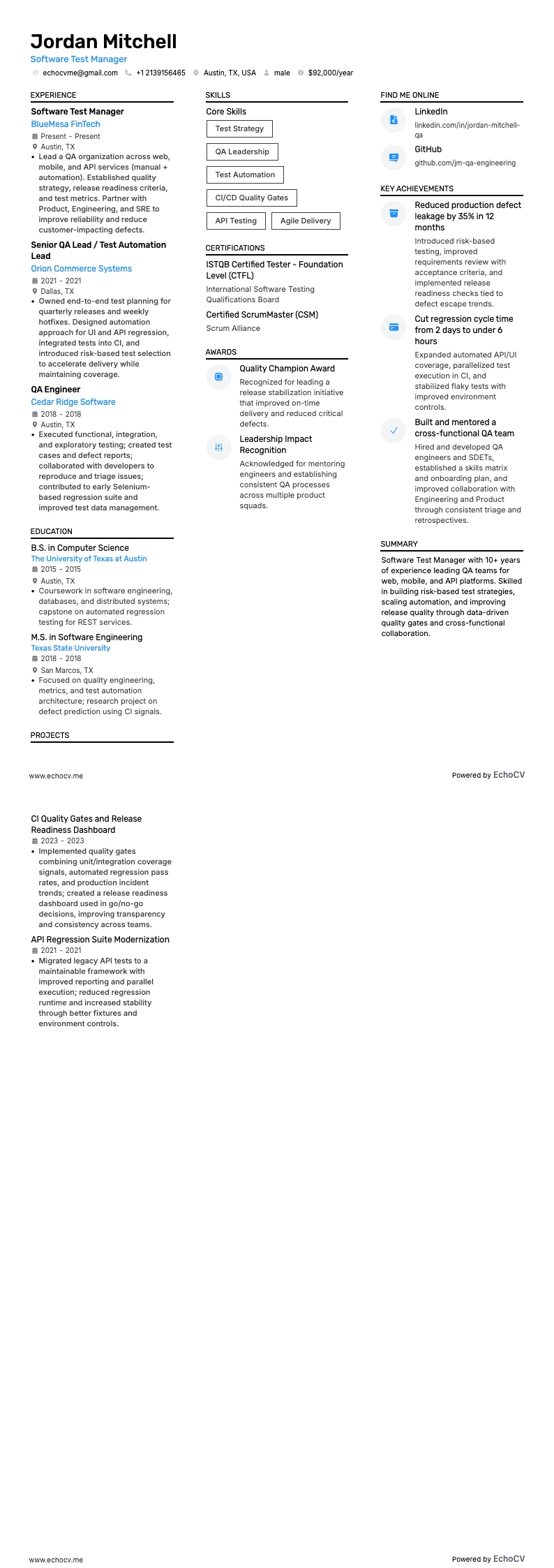 Gerente de QA de Software resume example