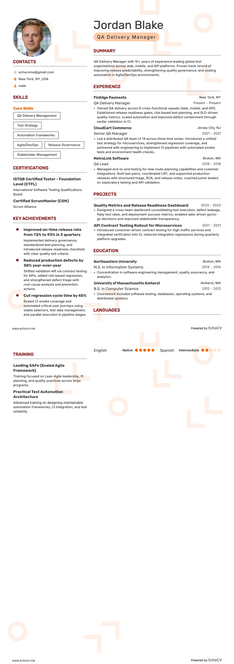 Gerente de QA de Software resume example