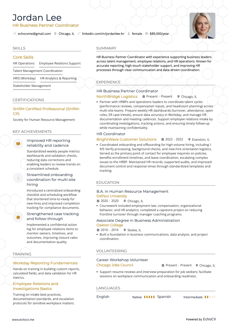 HR Business Partner resume example