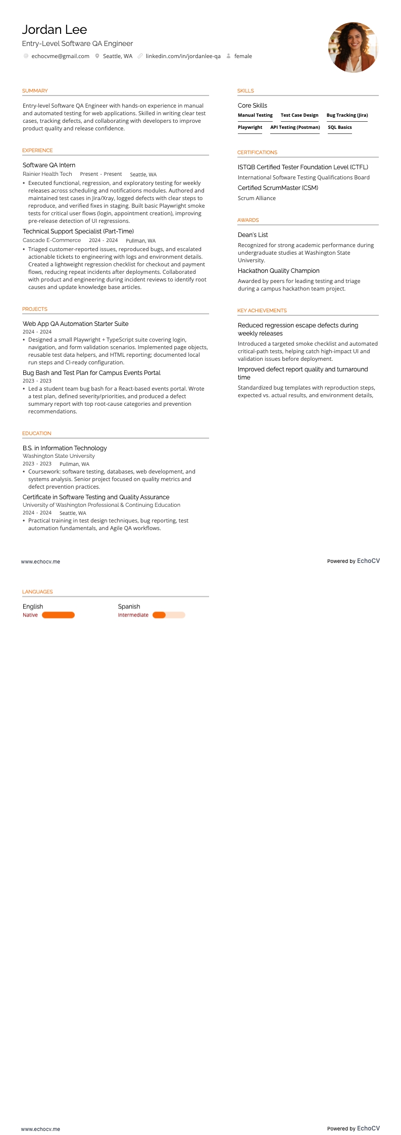 Engenheiro de QA de software júnior example resume