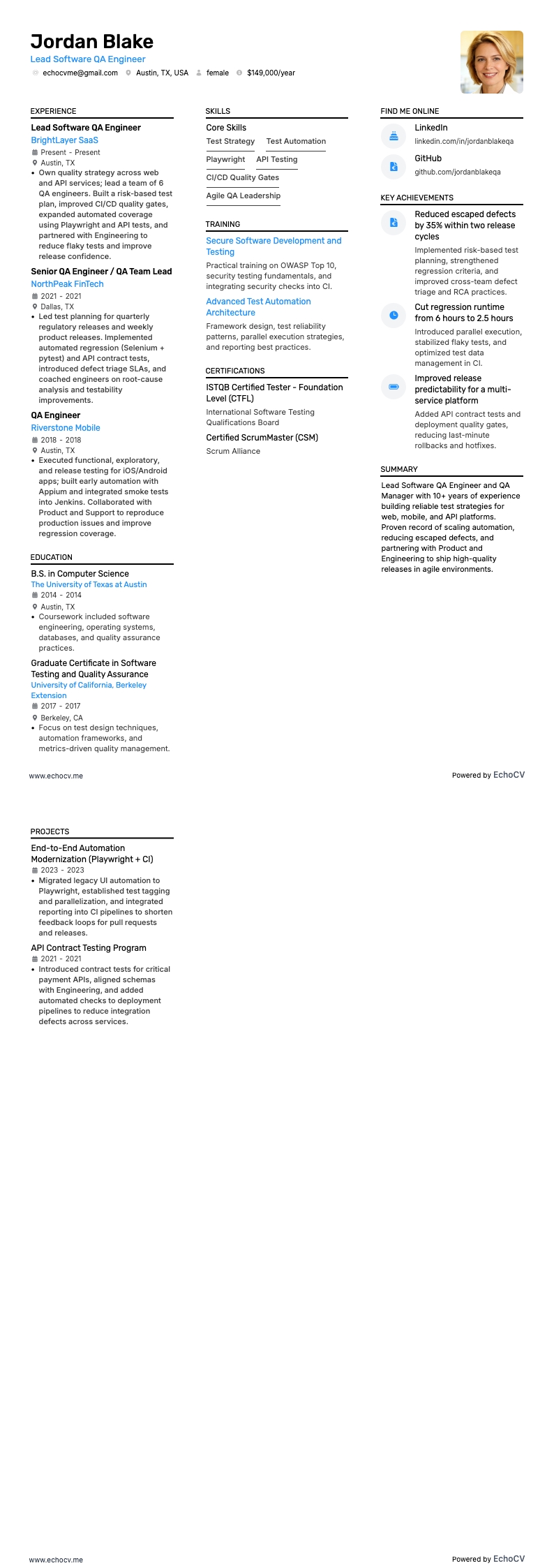 Quản lý QA Phần mềm resume example