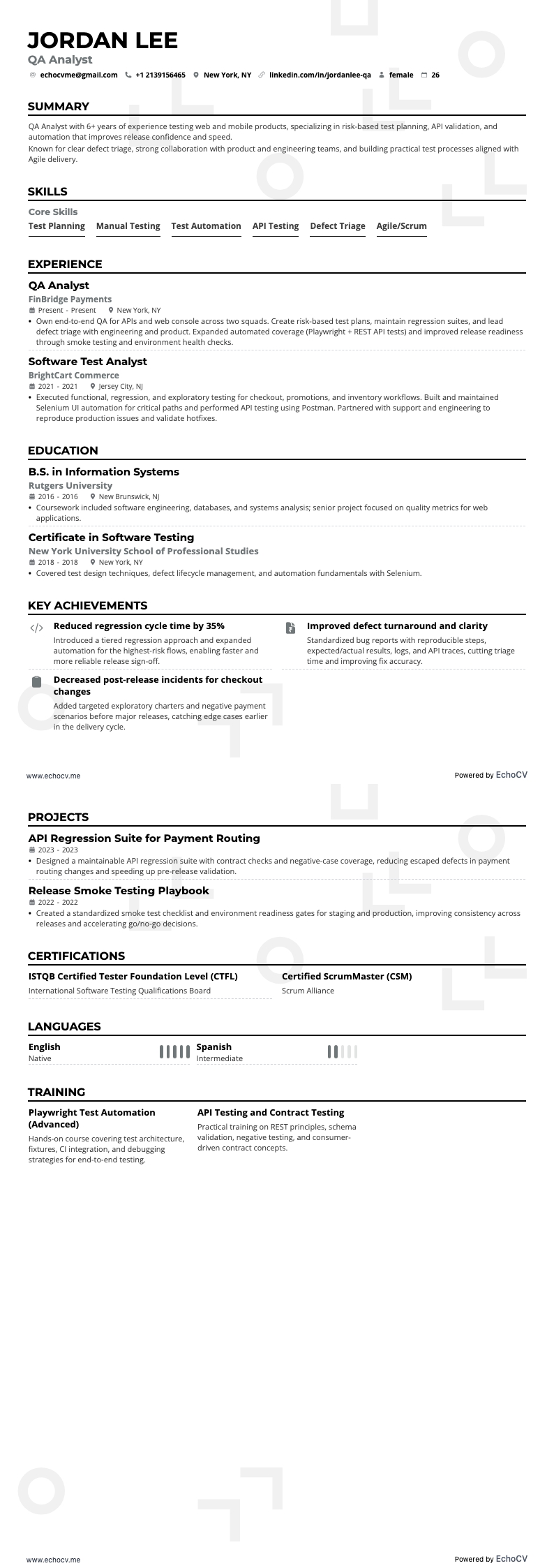 Chuyên viên phân tích kiểm thử phần mềm resume example