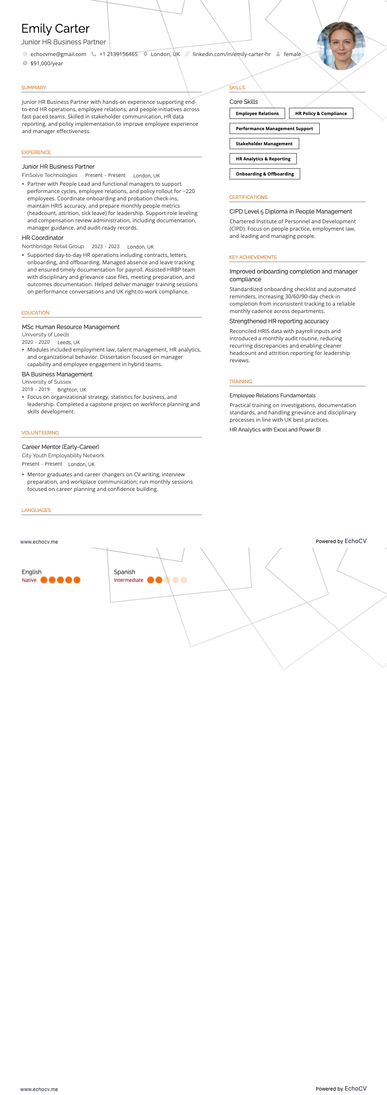 Junior HR Business Partner junior example resume