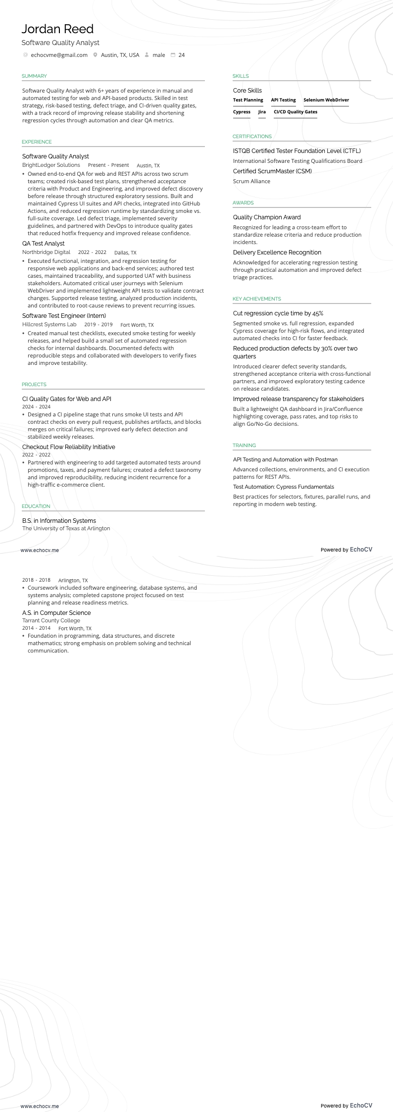 ソフトウェア品質アナリスト example resume