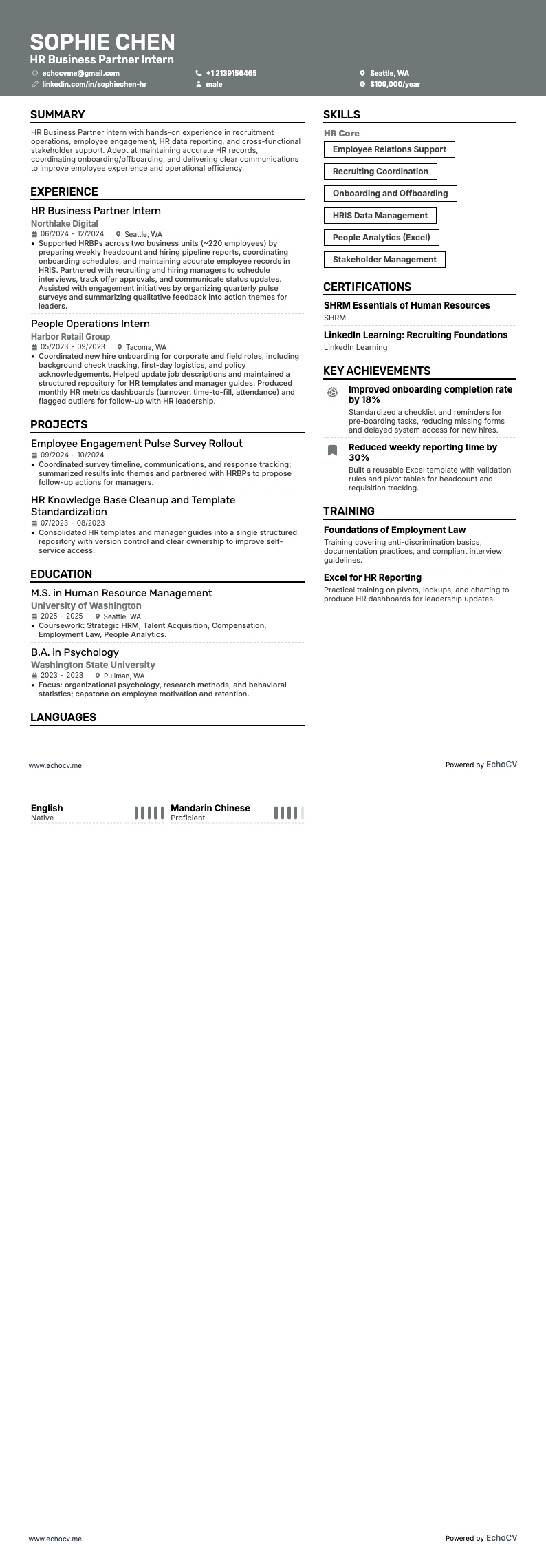 HR Business Partner resume example