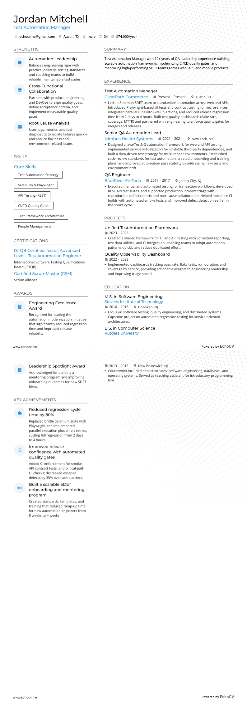 Test Automation Manager example resume