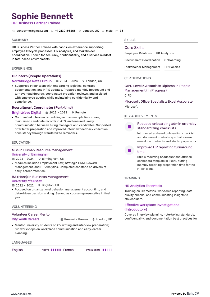 HR Business Partner resume example