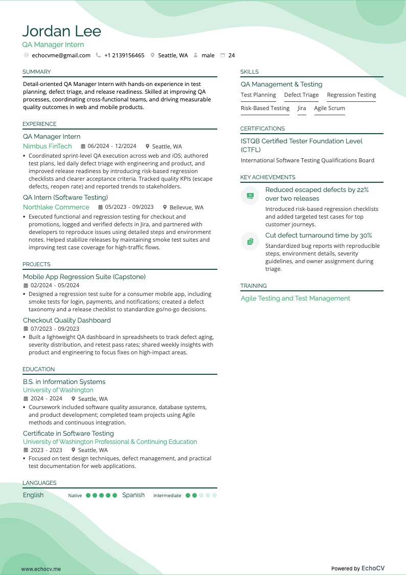 QA Manager Intern example resume