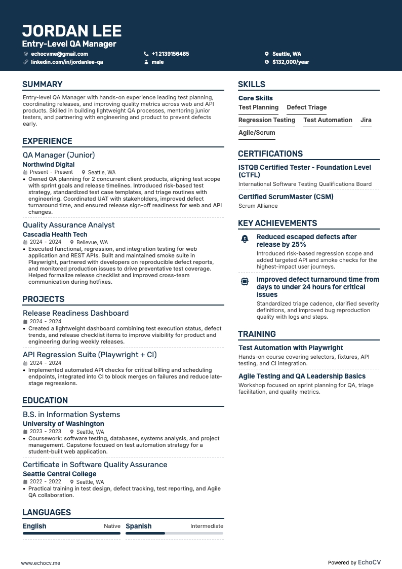 Entry-Level QA Manager example resume