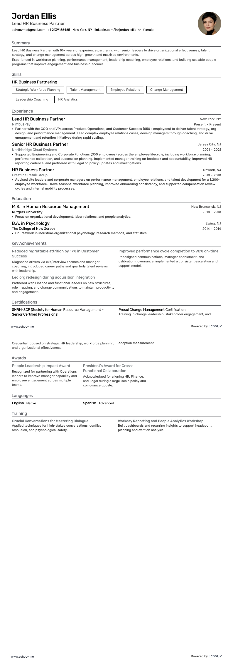 Aperçu complet de HR Business Partner principal