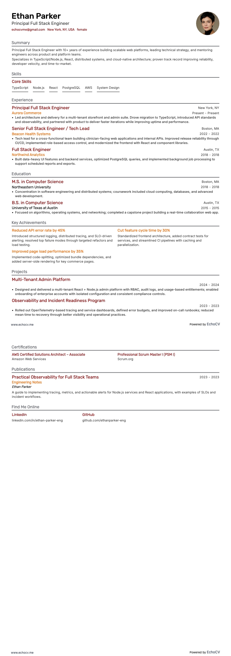 Principal Full Stack Engineer example resume