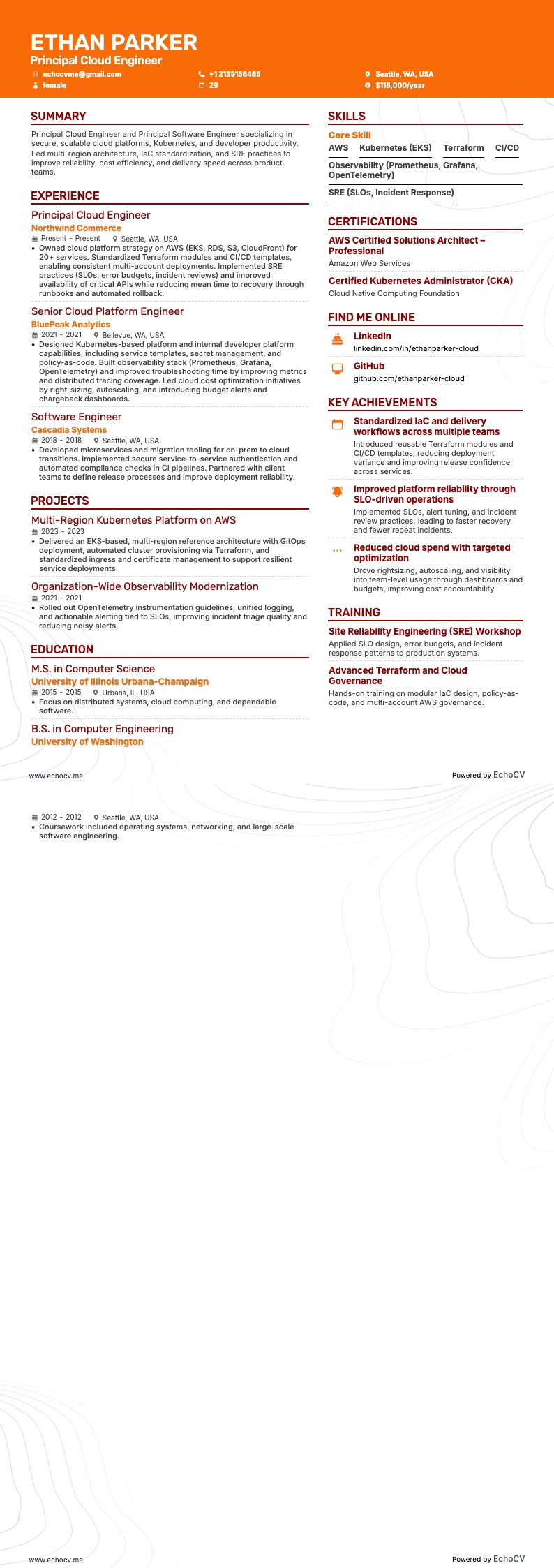 Principal Cloud Engineer example resume