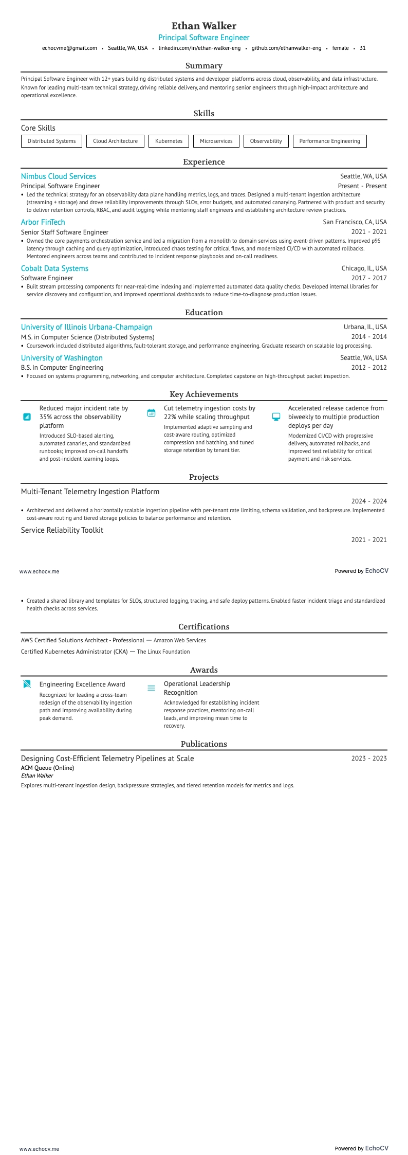 Principal Software Engineer example resume