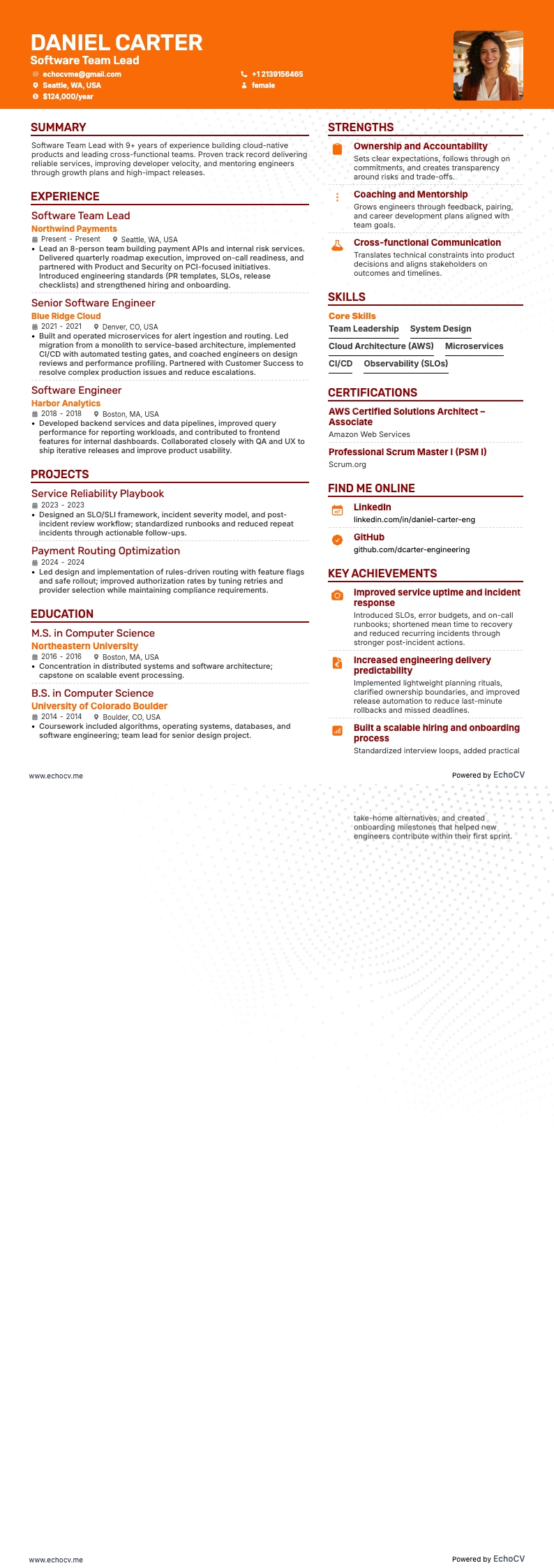 Software Team Lead example resume