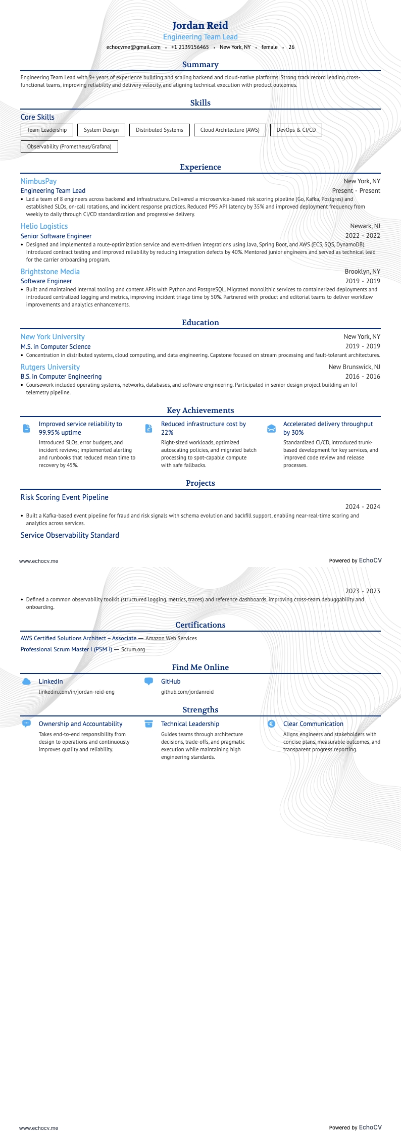 Engineering Team Lead example resume