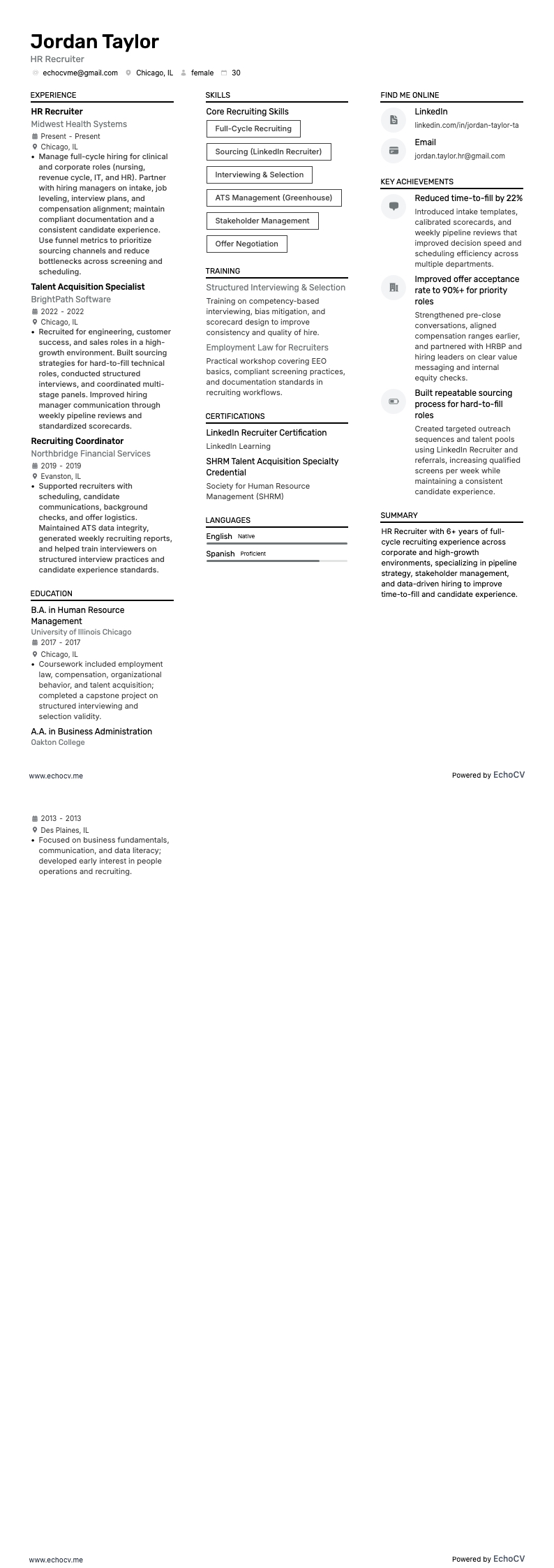 Chargé de recrutement RH example resume