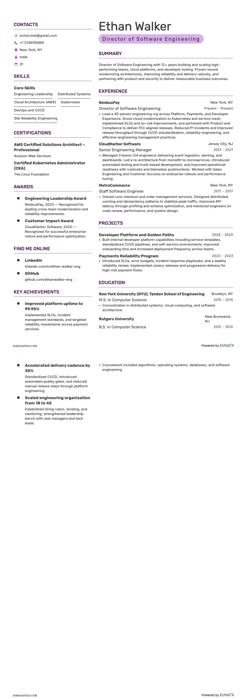 Diretor de Engenharia de Software example resume