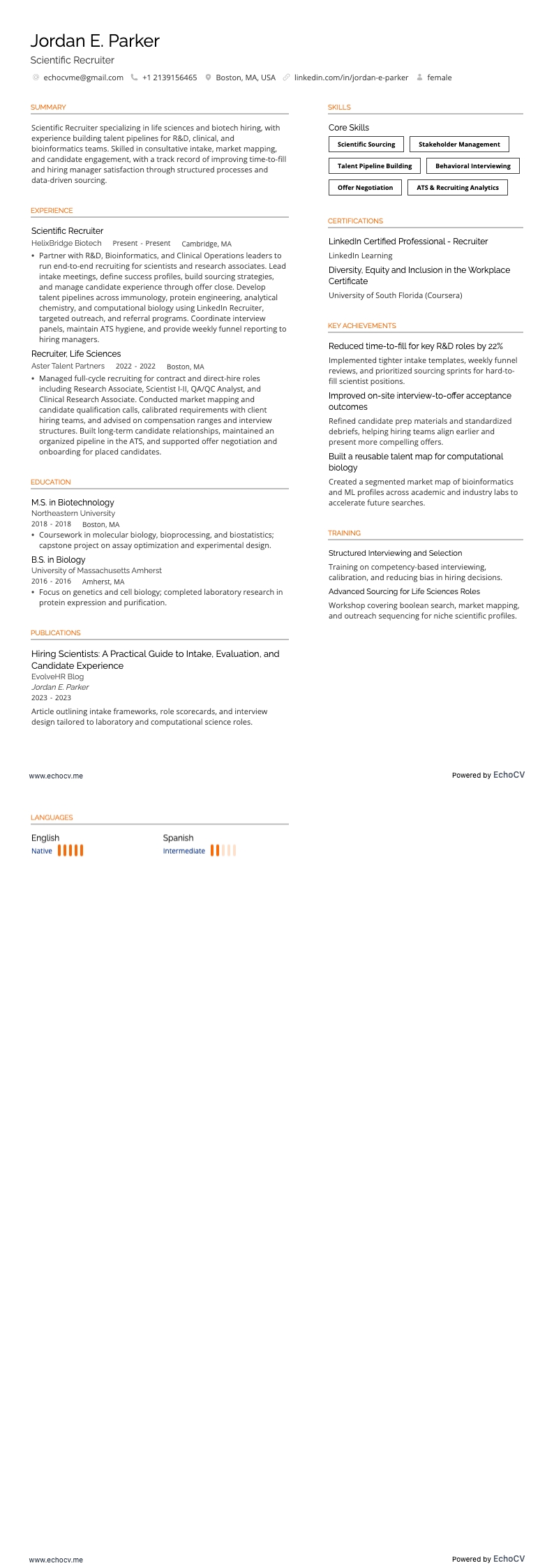 Recruteur resume example