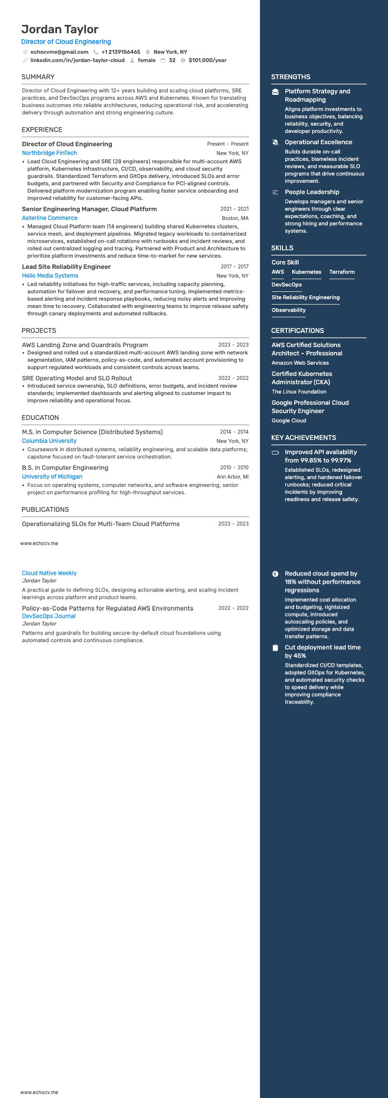 Diretor de Engenharia de Software resume example