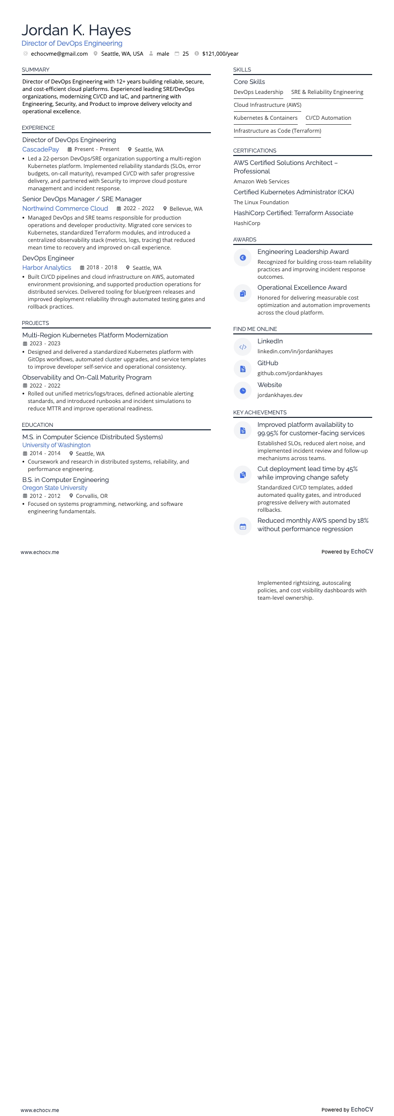 Diretor de Engenharia DevOps example resume