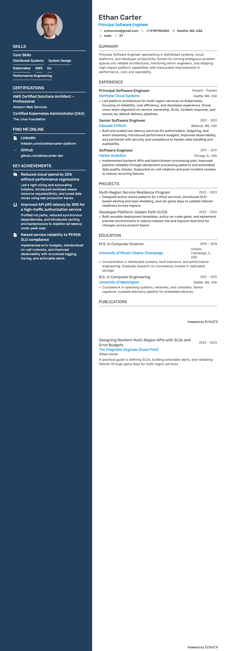 Principal Software Engineer example resume