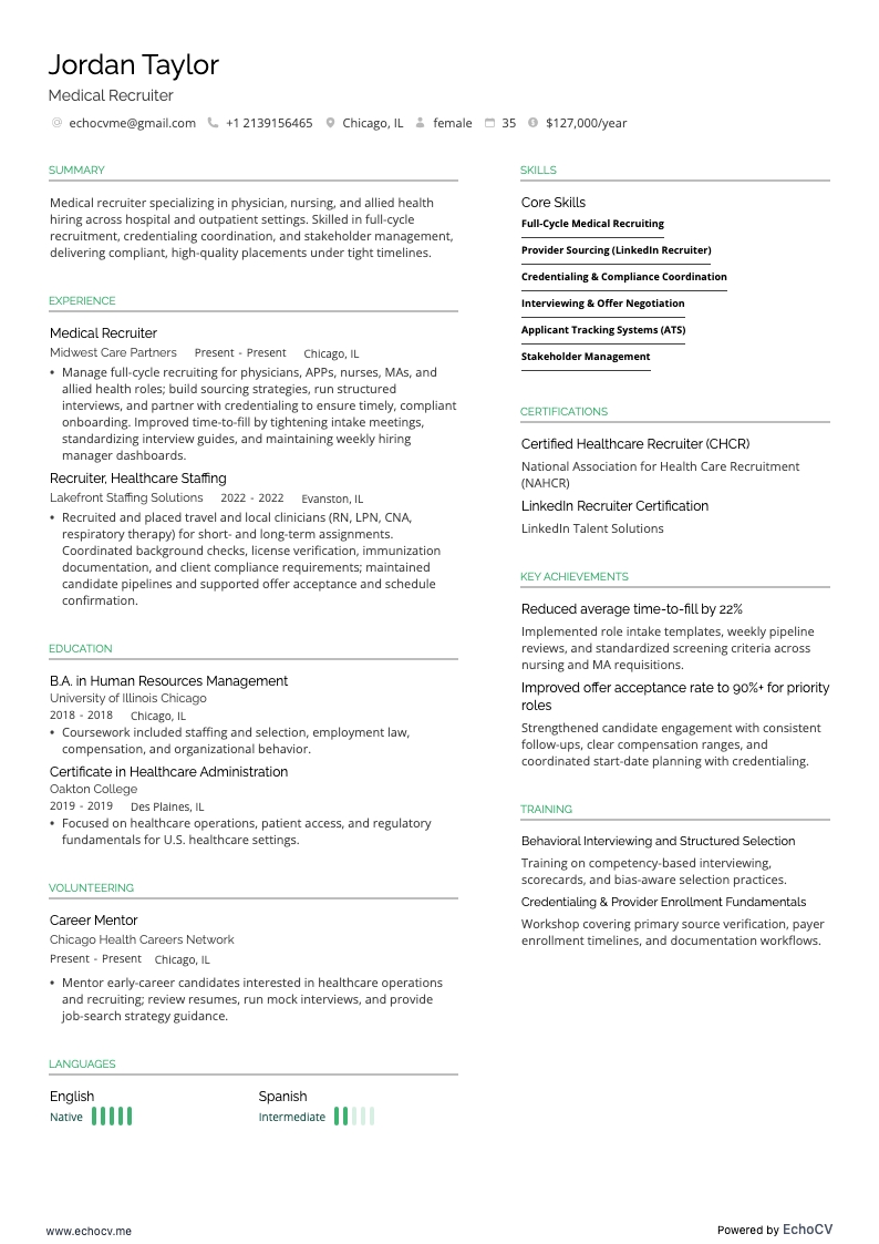 Recruteur médical example resume