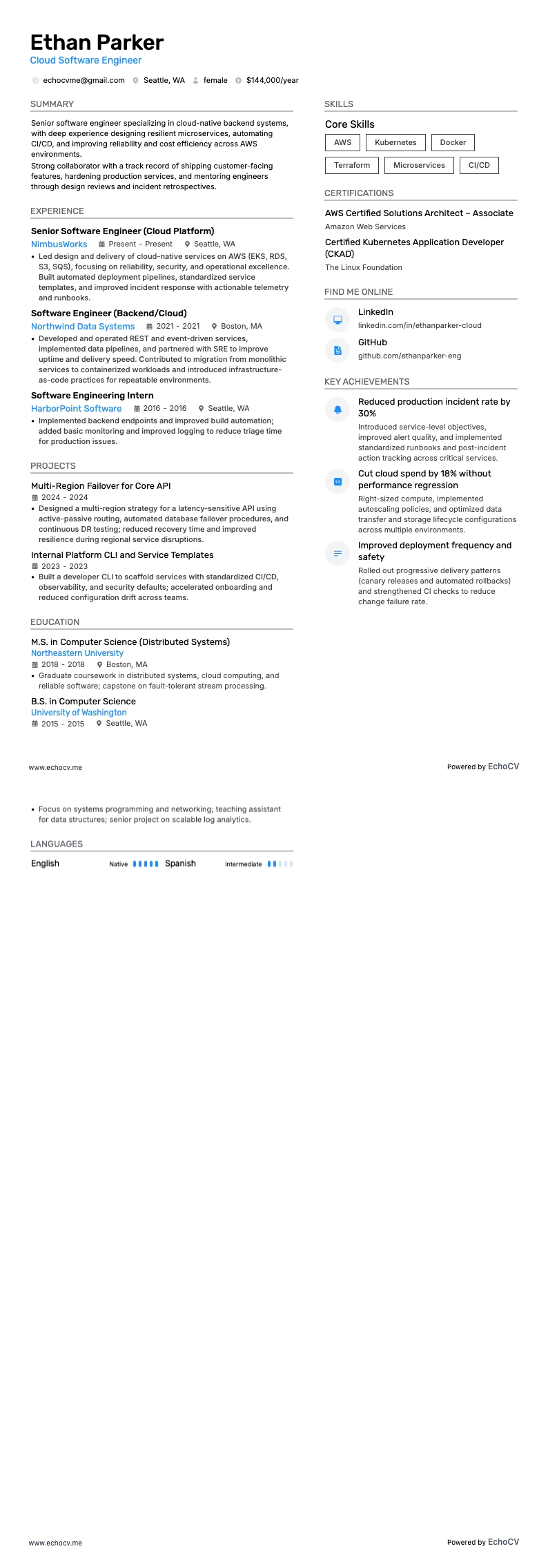 Cloud Software Engineer example resume