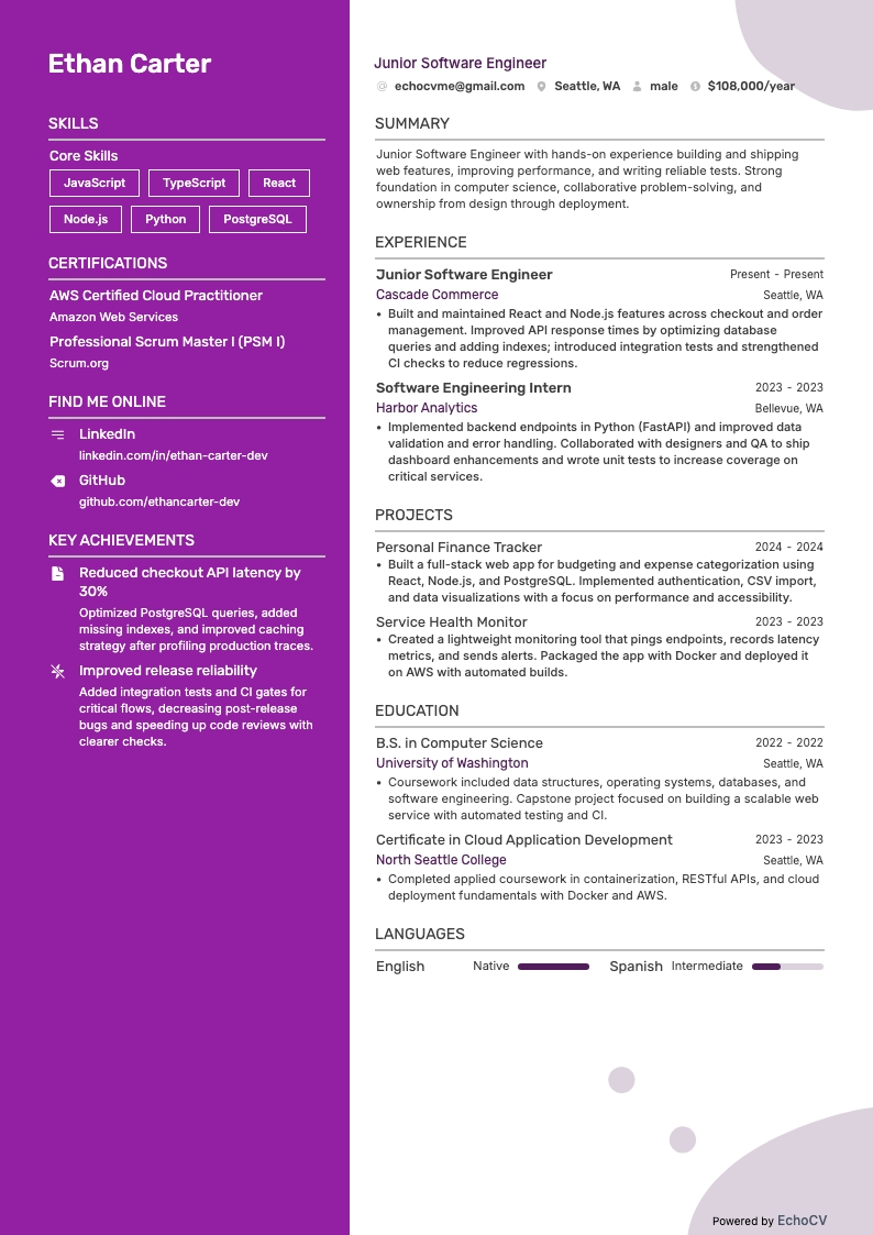 Junior Software Engineer example resume
