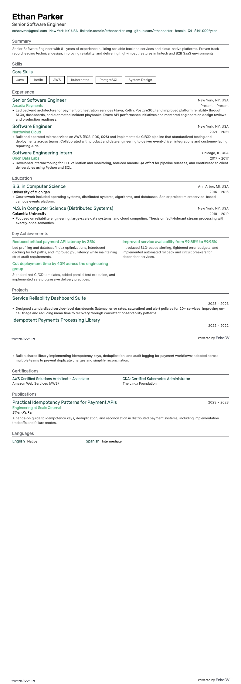 Senior Software Engineer example resume