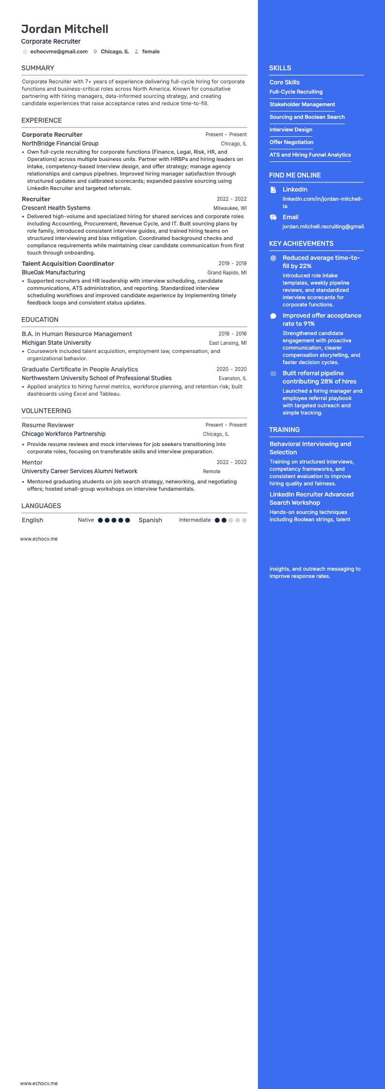 Recruteur en entreprise example resume