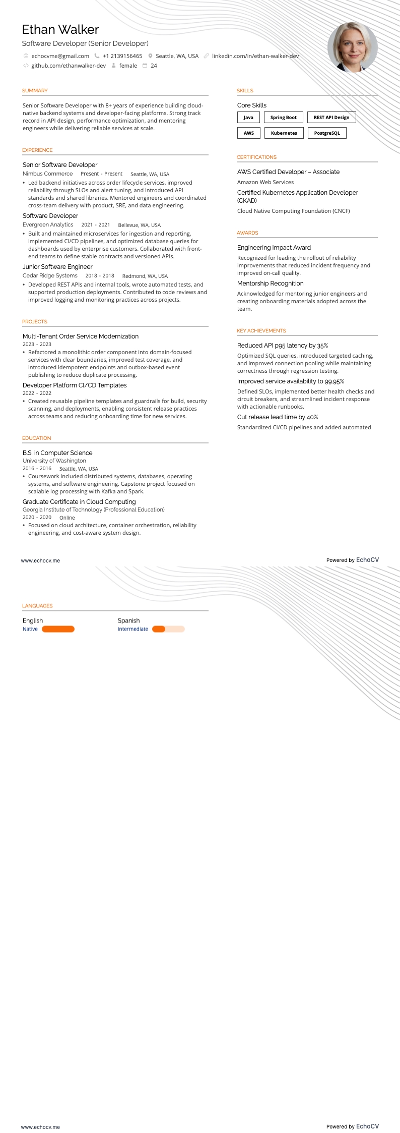 Sviluppatore software example resume