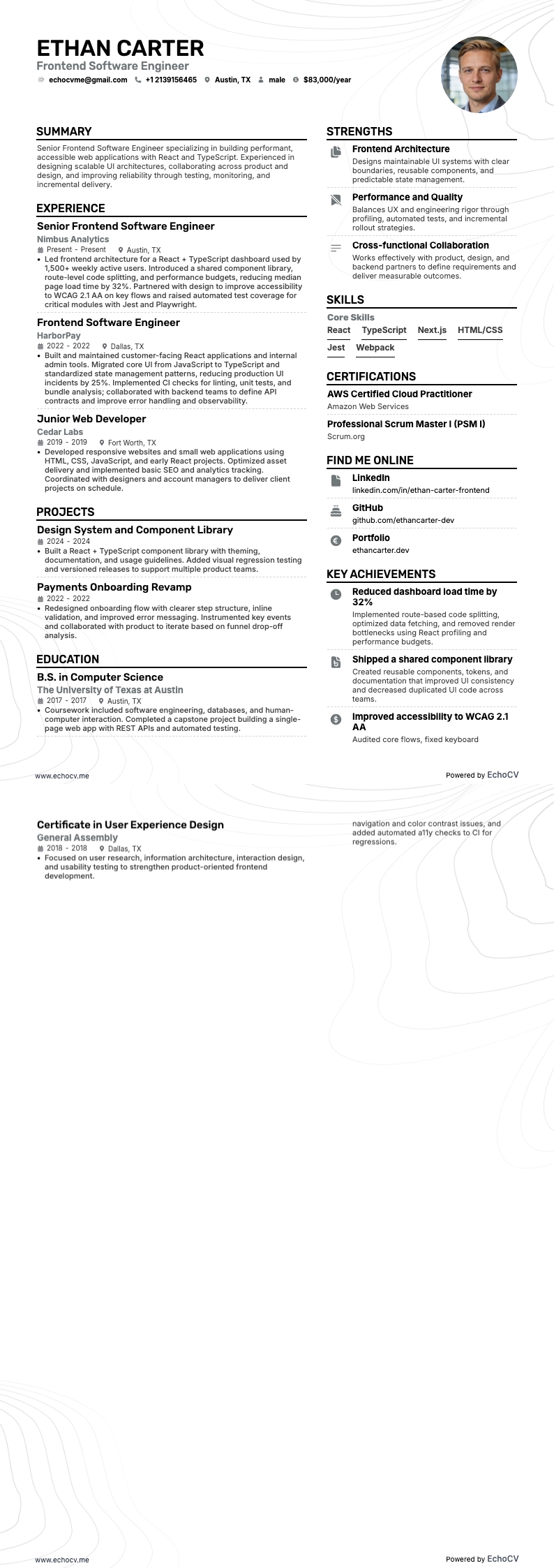 Ingegnere software frontend example resume