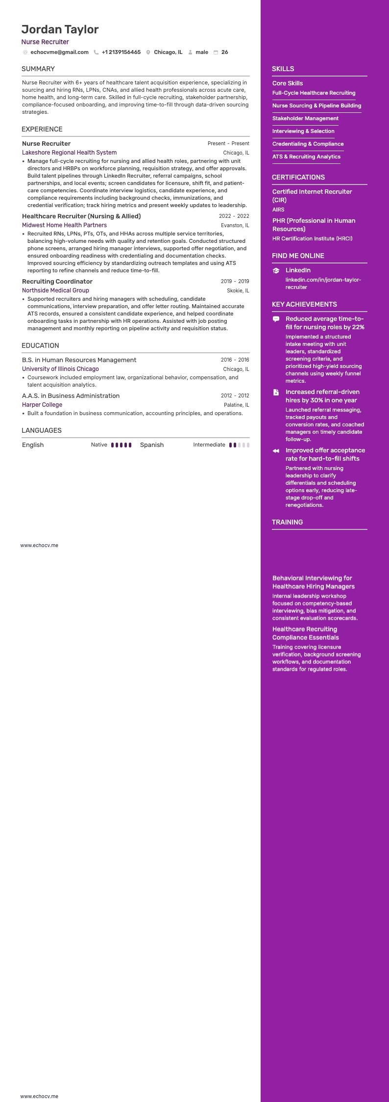 Recruteur en soins infirmiers example resume