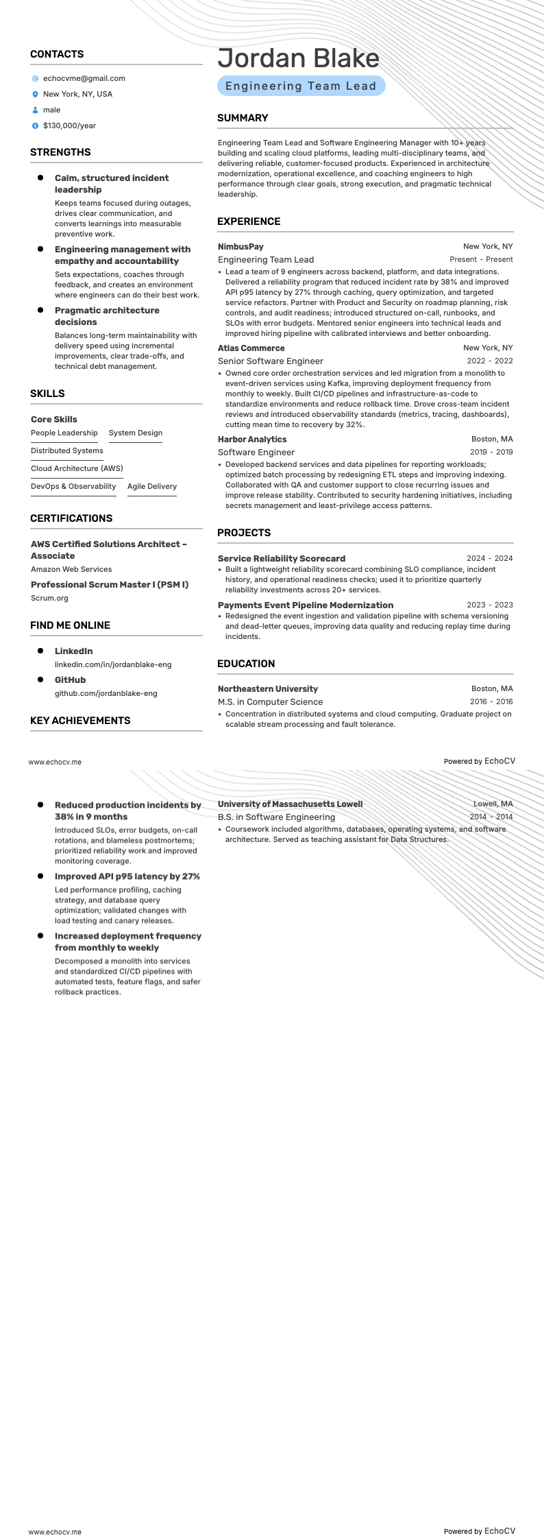 Leiter des Engineering-Teams example resume