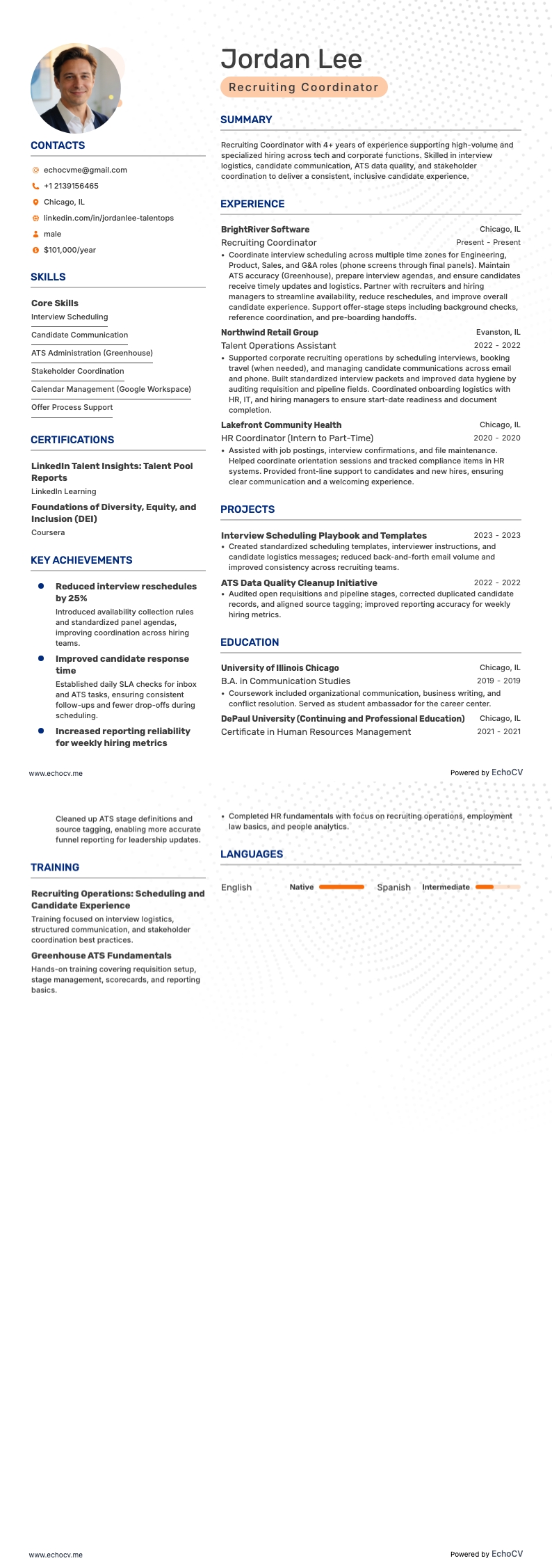 Coordinateur de recrutement example resume