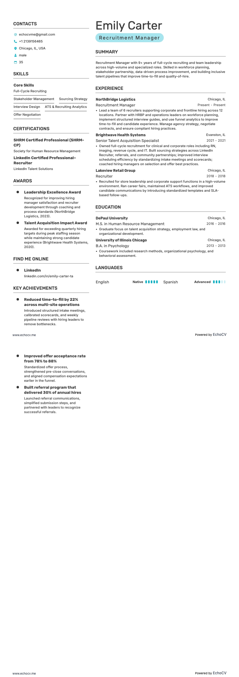 Chuyên viên tuyển dụng resume example