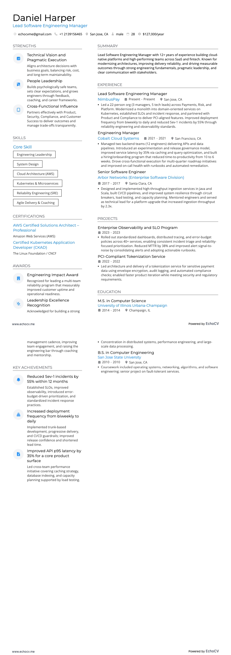 Leitender Software-Engineering-Manager example resume
