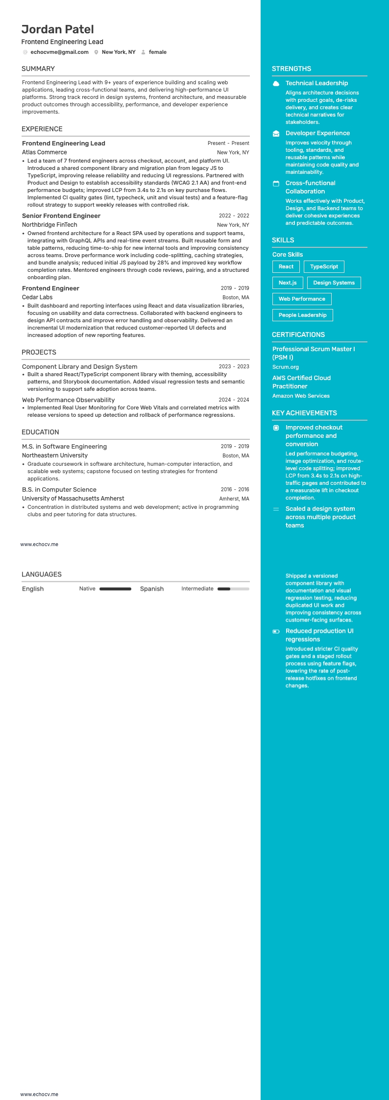 首席工程師 resume example