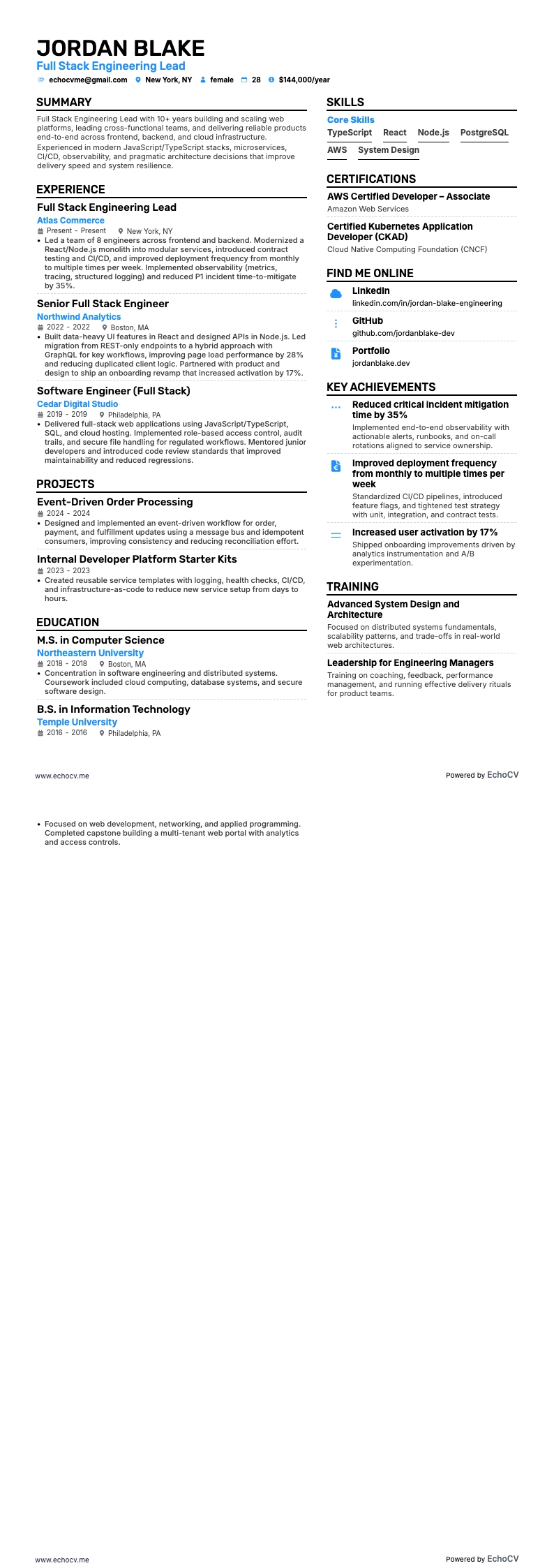 Lead fullstack engineering example resume