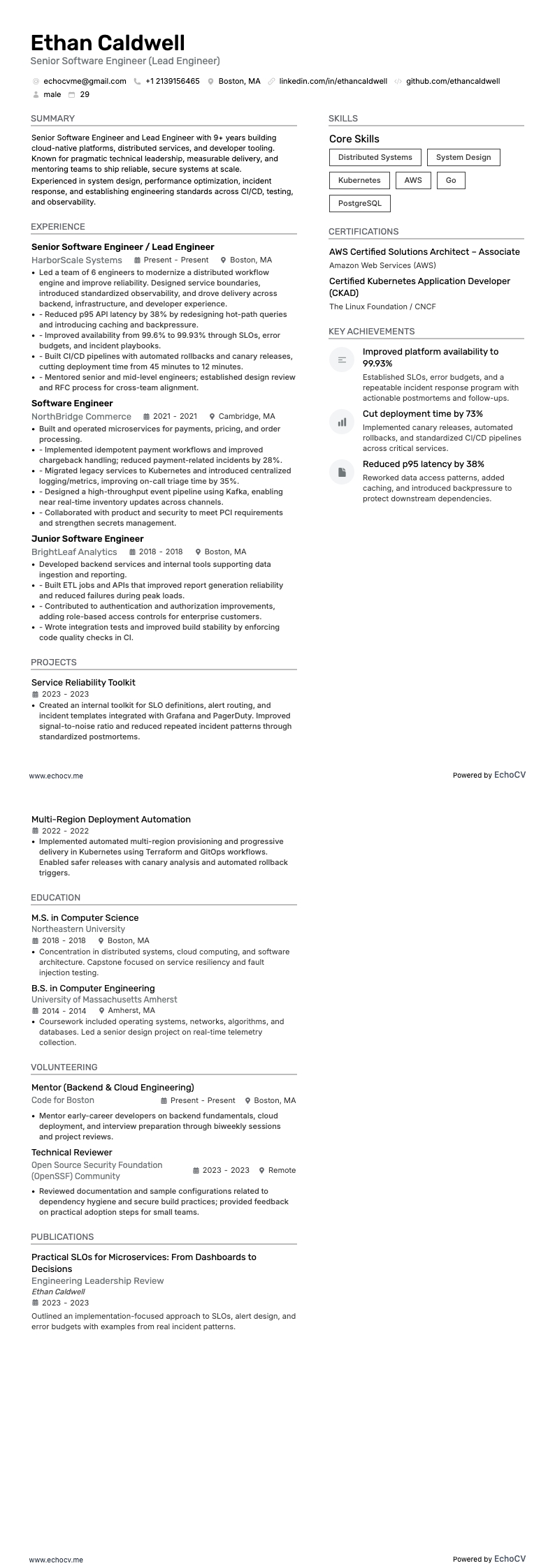 Lead engineer resume example