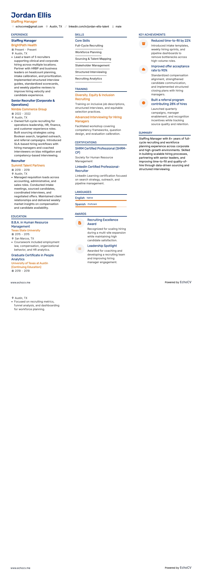 Responsable du recrutement example resume