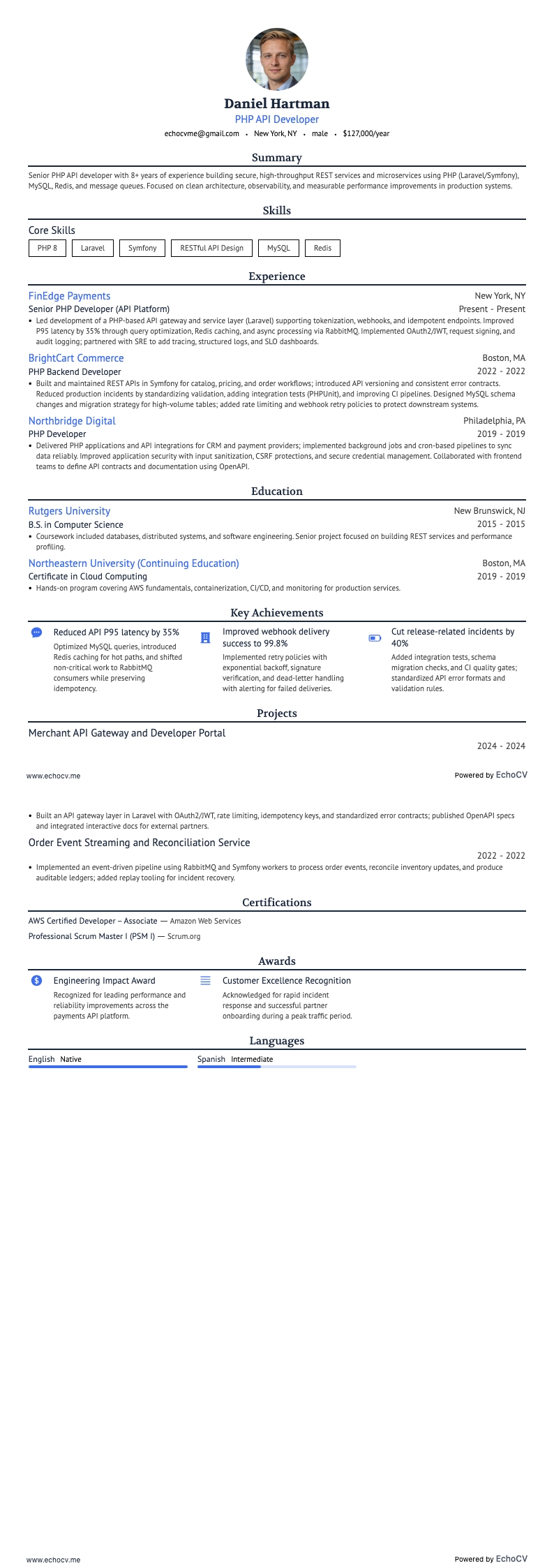 PHP API Developer example resume