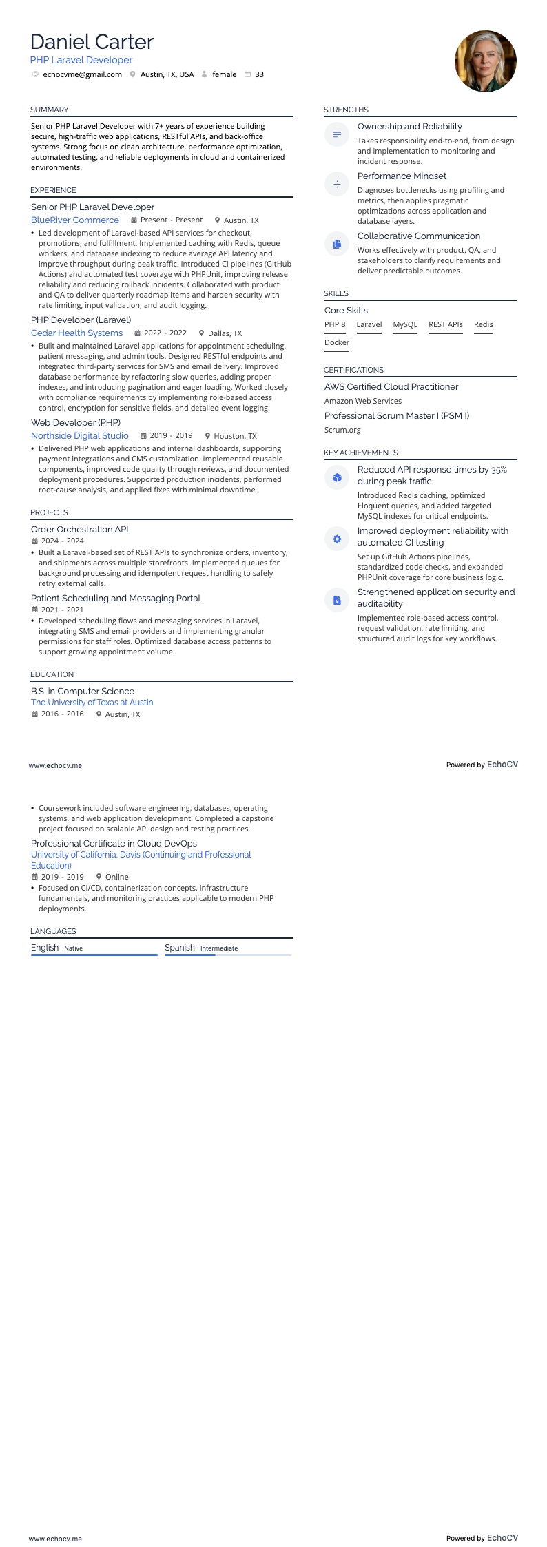 PHP Laravel Developer example resume