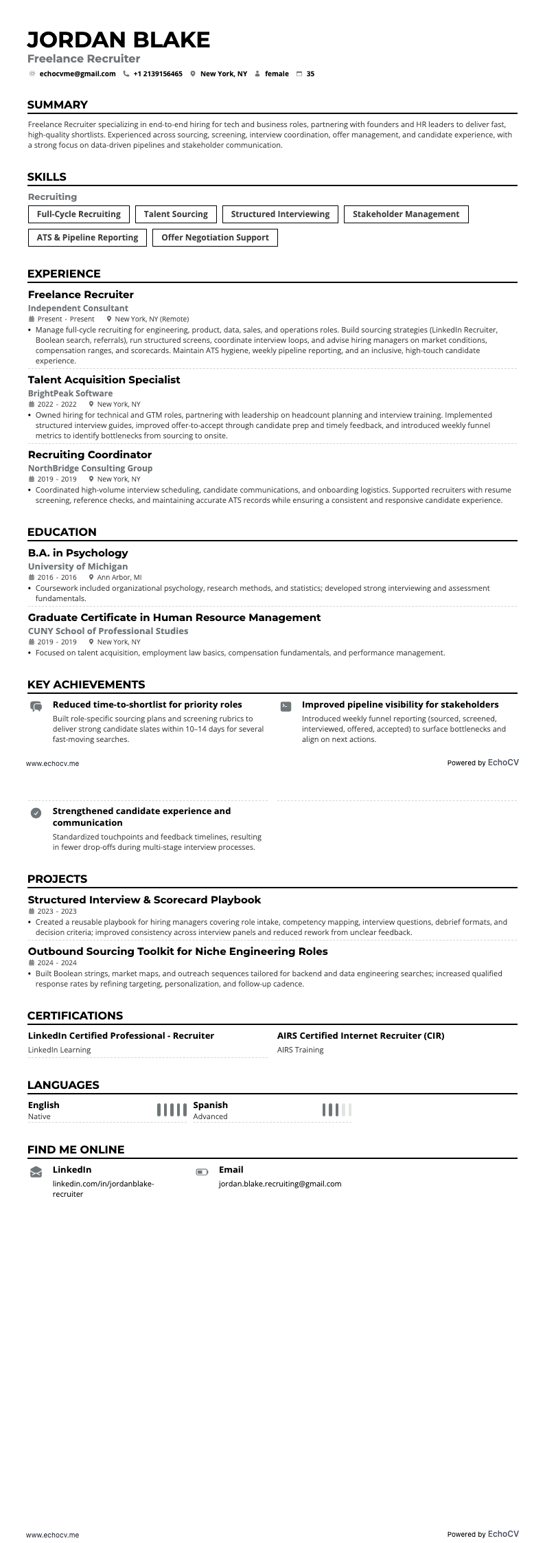 Recruteur freelance example resume