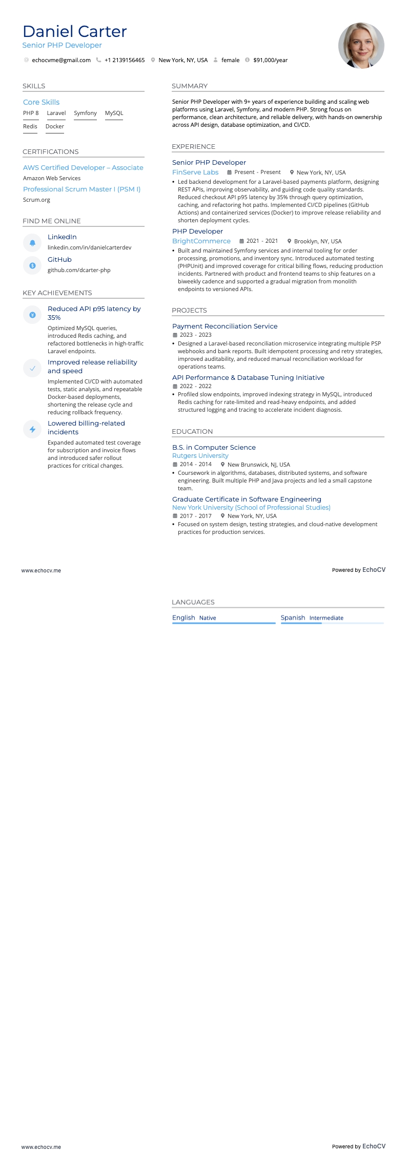 Senior PHP Developer example resume