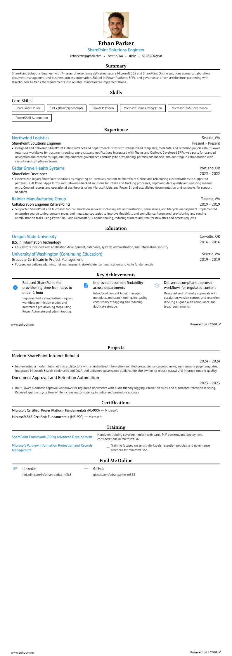 SharePoint 开发人员 resume example