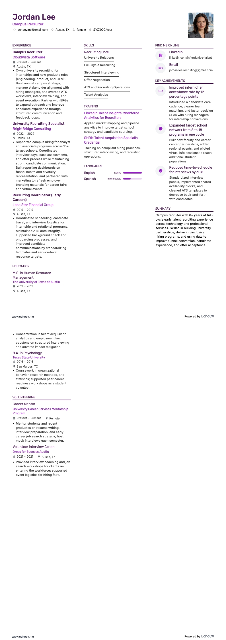 Recruteur campus example resume